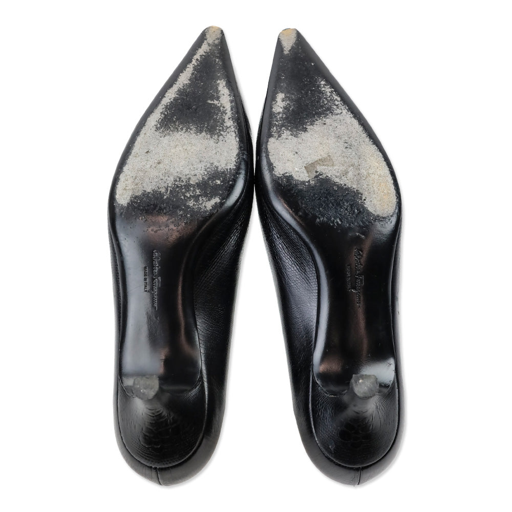 Salvatore Ferragamo Black Lizard Embossed Leather Kitten Pump