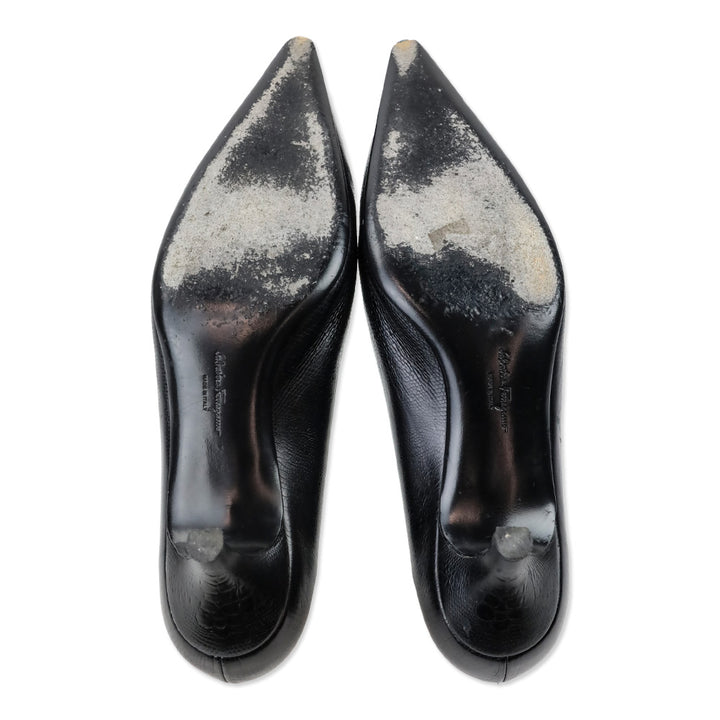 Salvatore Ferragamo Black Lizard Embossed Leather Kitten Pump