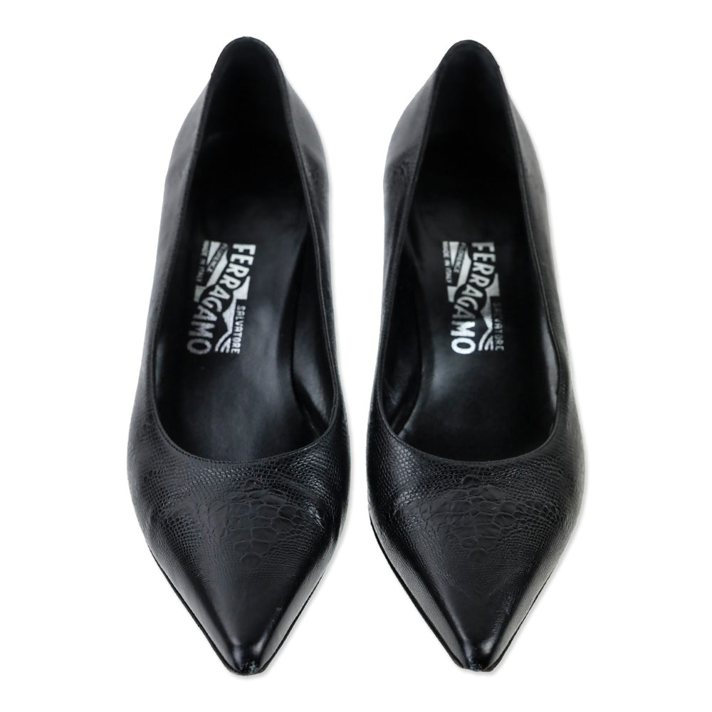 Salvatore Ferragamo Black Lizard Embossed Leather Kitten Pump