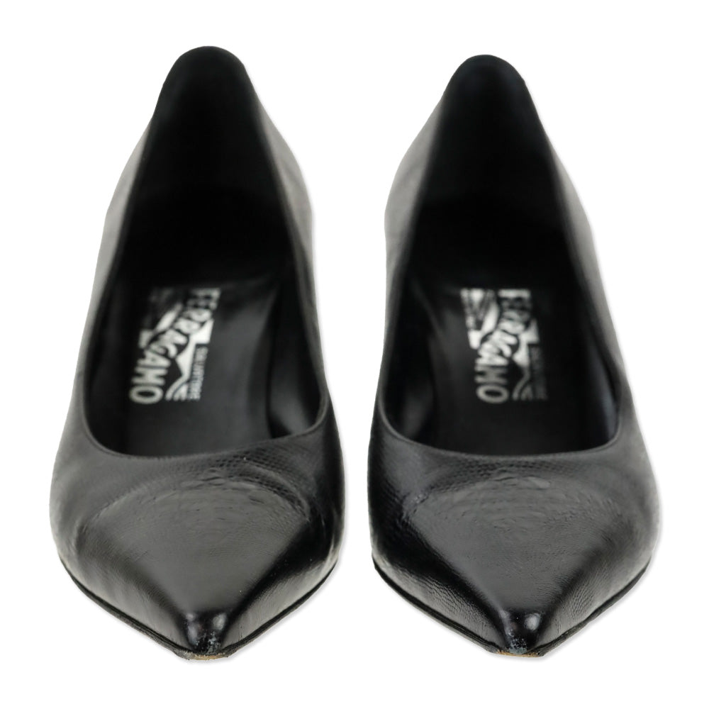 Salvatore Ferragamo Black Lizard Embossed Leather Kitten Pump