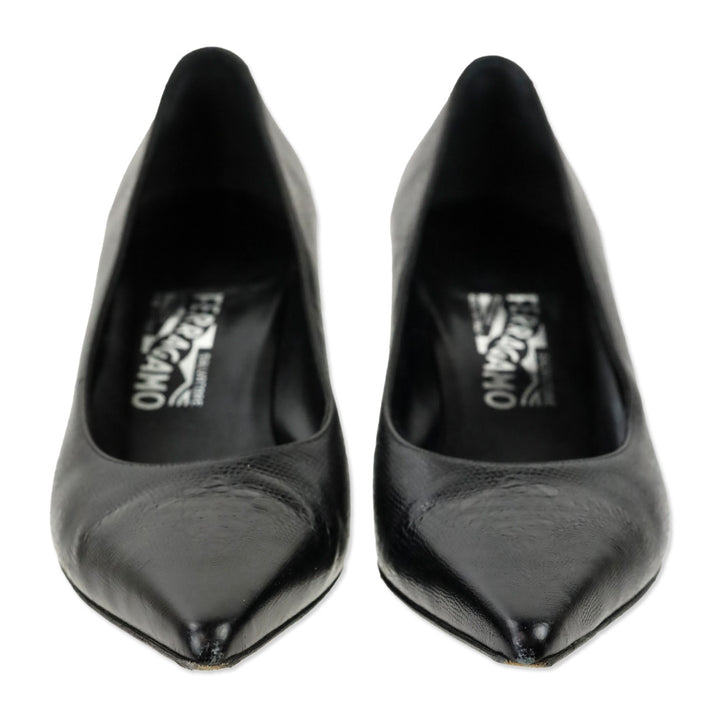 Salvatore Ferragamo Black Lizard Embossed Leather Kitten Pump