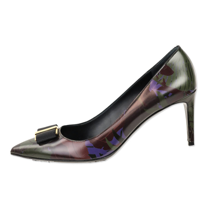 Salvatore Ferragamo Black Multi Leaf Print Leather Vara Bow Pointed Toe Heels