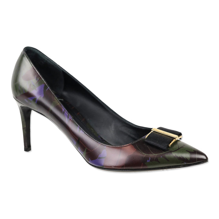 Salvatore Ferragamo Black Multi Leaf Print Leather Vara Bow Pointed Toe Heels