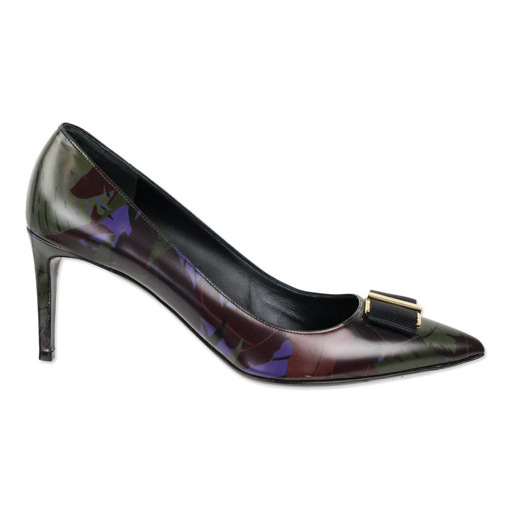 Salvatore Ferragamo Black Multi Leaf Print Leather Vara Bow Pointed Toe Heels