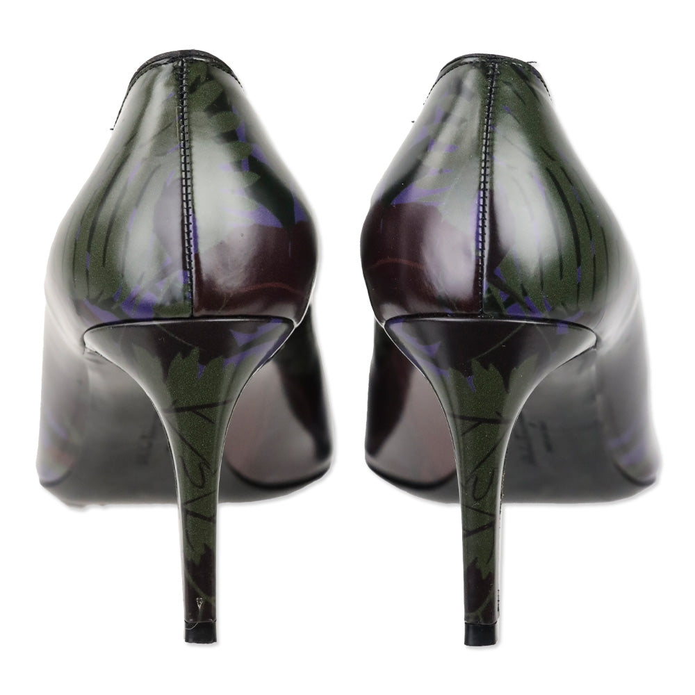 Salvatore Ferragamo Black Multi Leaf Print Leather Vara Bow Pointed Toe Heels