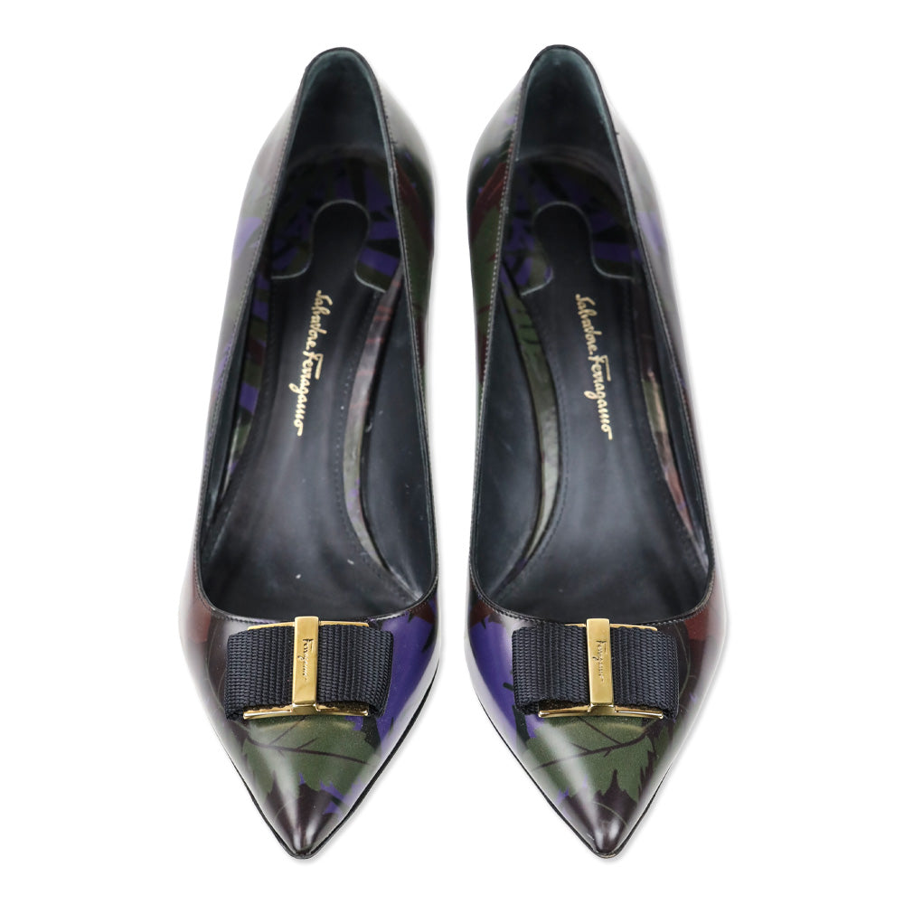 Salvatore Ferragamo Black Multi Leaf Print Leather Vara Bow Pointed Toe Heels