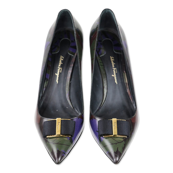 Salvatore Ferragamo Black Multi Leaf Print Leather Vara Bow Pointed Toe Heels