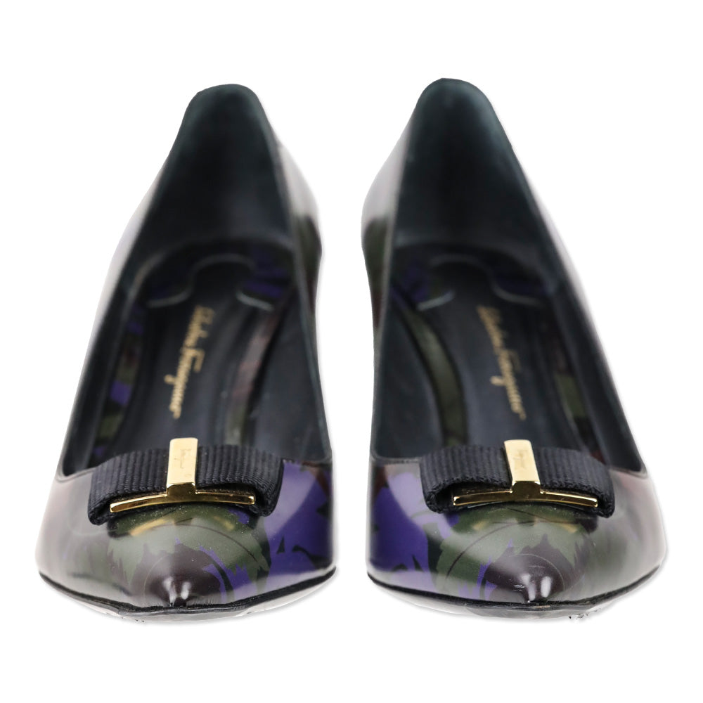 Salvatore Ferragamo Black Multi Leaf Print Leather Vara Bow Pointed Toe Heels