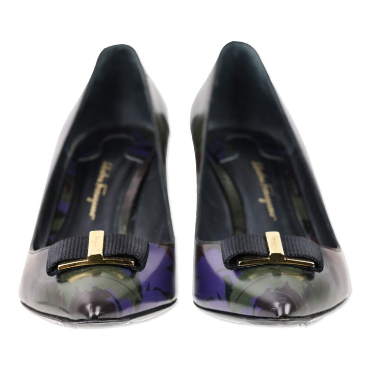 Salvatore Ferragamo Black Multi Leaf Print Leather Vara Bow Pointed Toe Heels