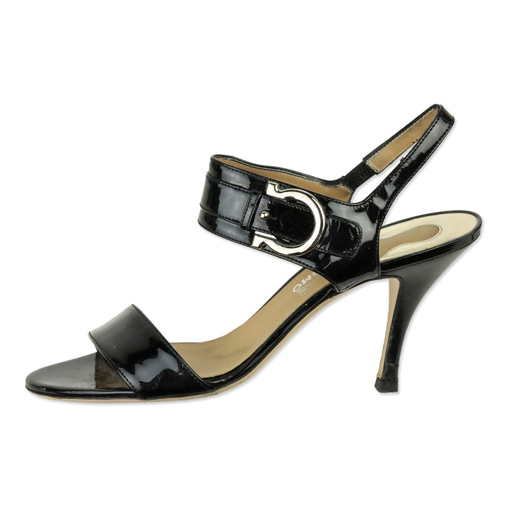 Salvatore Ferragamo Black Patent Leather Gancini Ankle Strap Sandal
