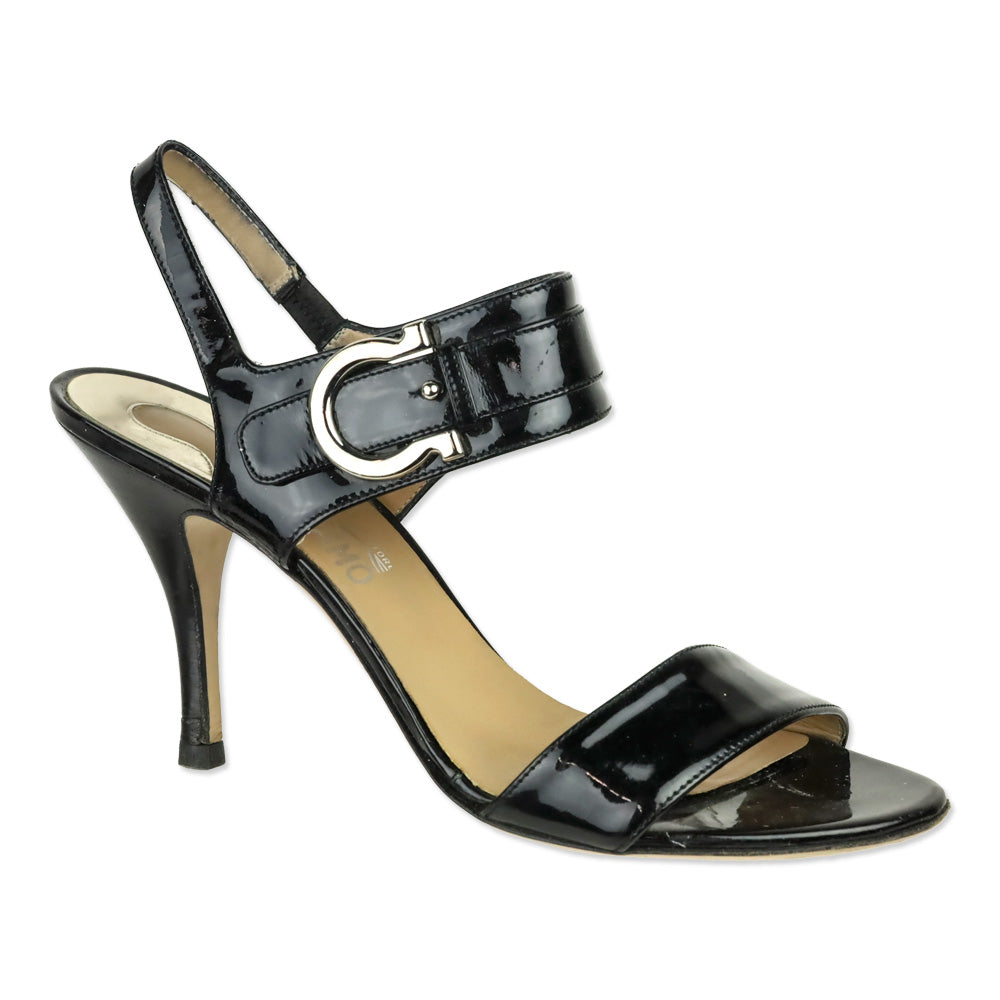 Salvatore Ferragamo Black Patent Leather Gancini Ankle Strap Sandal