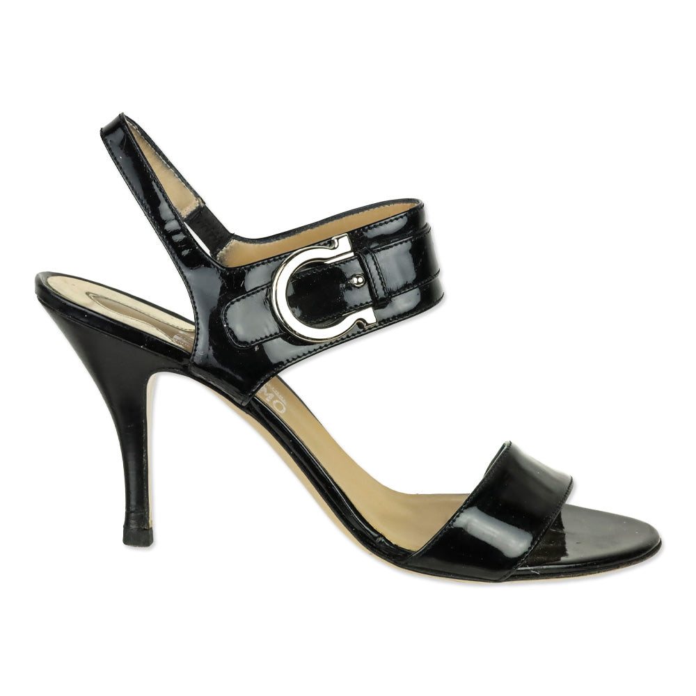 Salvatore Ferragamo Black Patent Leather Gancini Ankle Strap Sandal