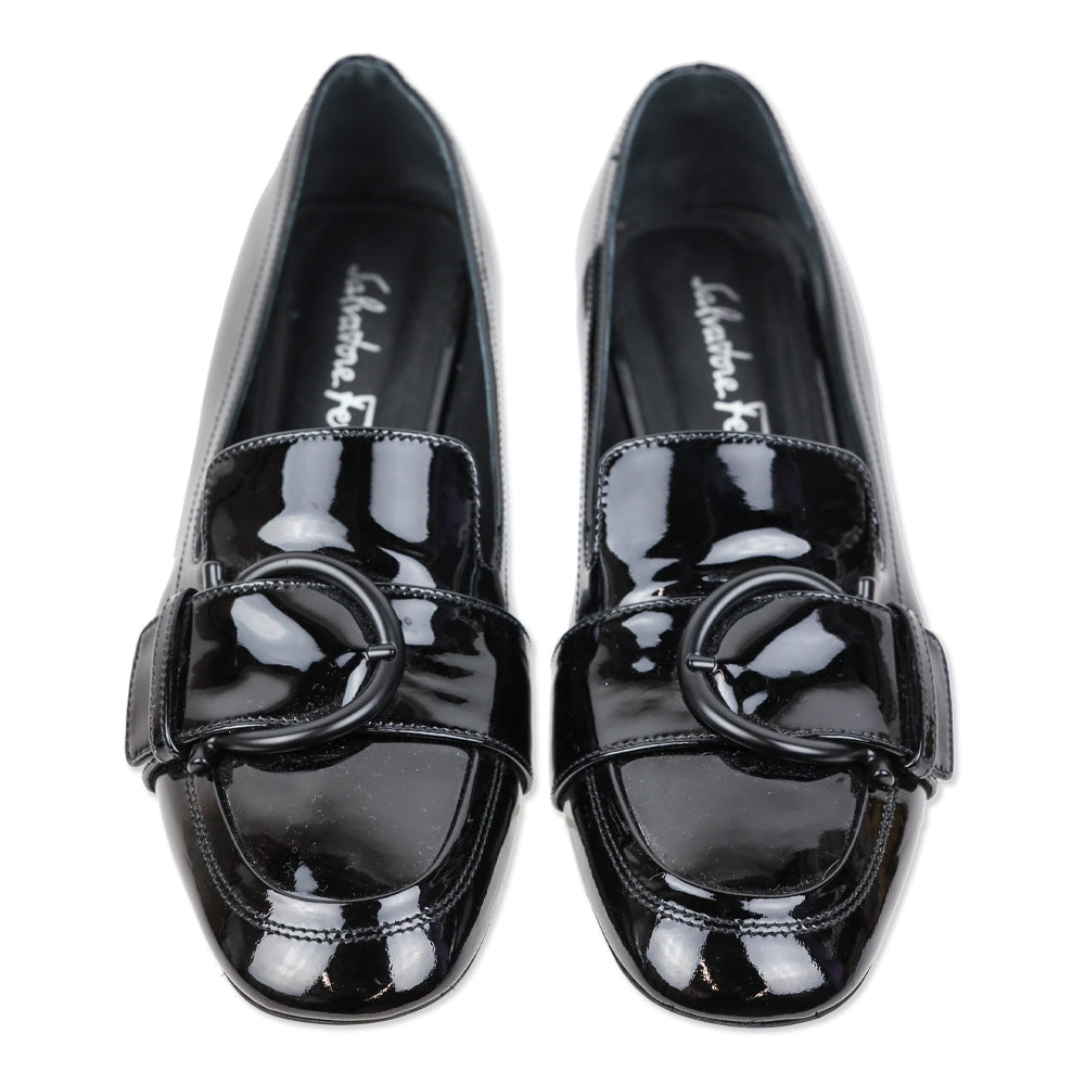 Salvatore Ferragamo Black Patent Leather Gancini Buckle Bonnie Loafers