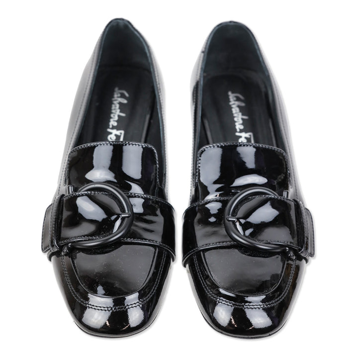 Salvatore Ferragamo Black Patent Leather Gancini Buckle Bonnie Loafers
