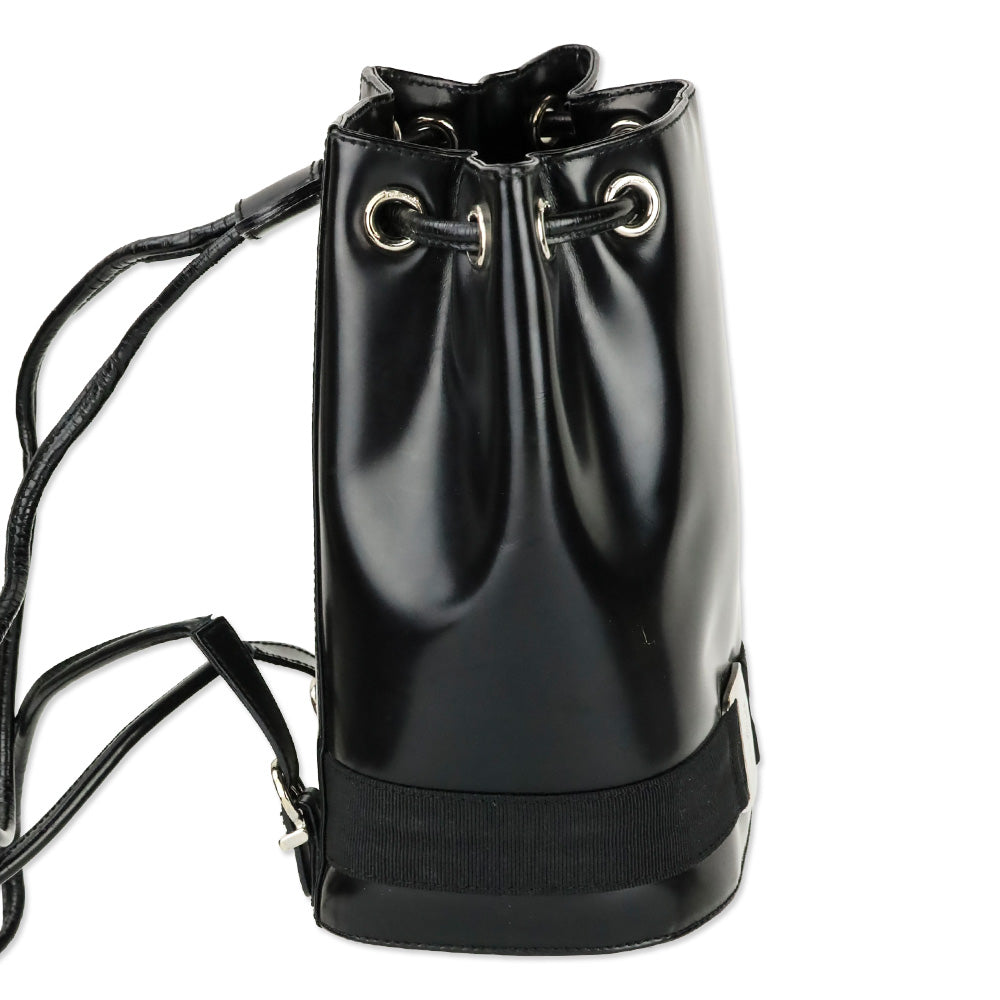 Salvatore Ferragamo Black Patent Leather Vara Bow Drawstring Bucket Backpack
