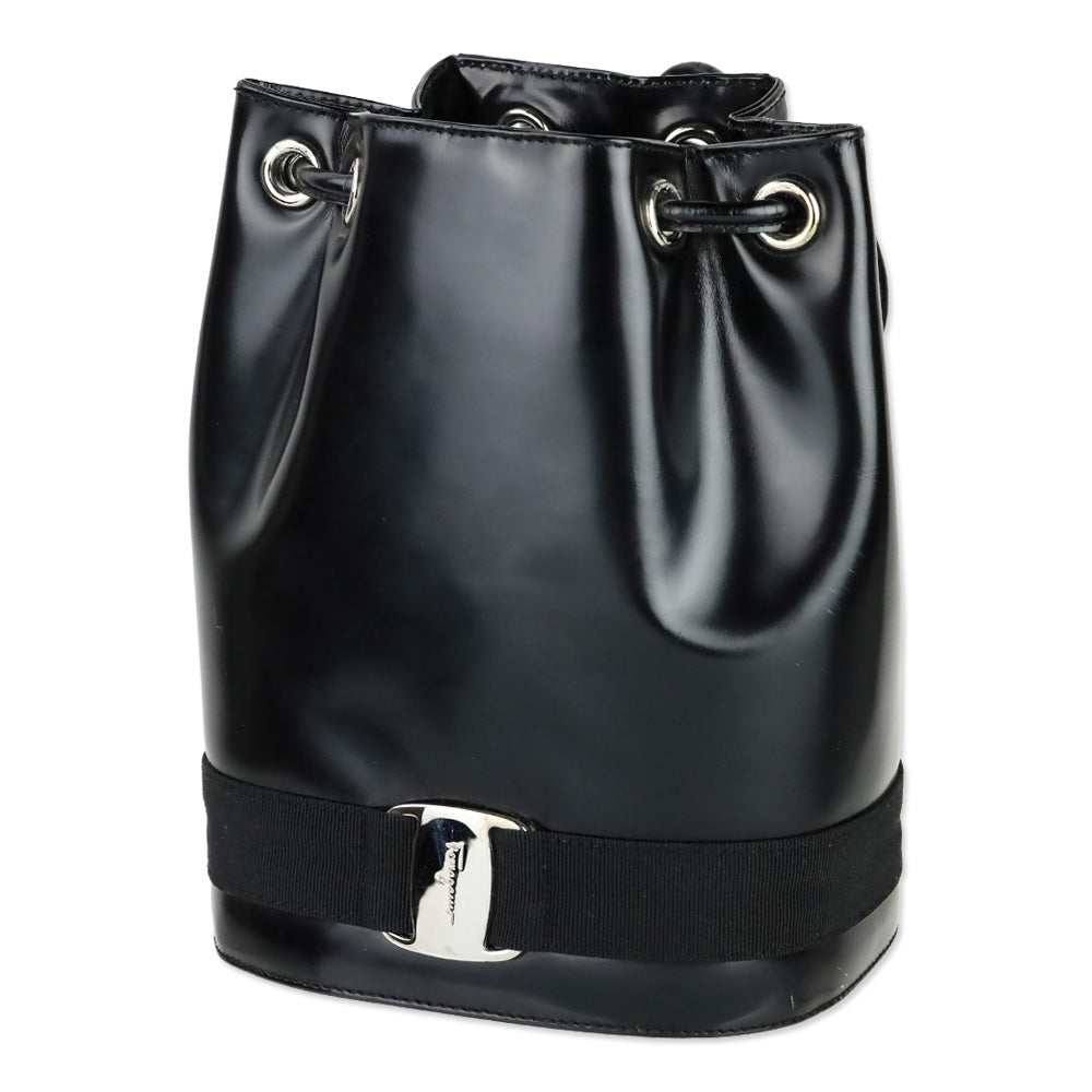 Salvatore Ferragamo Black Patent Leather Vara Bow Drawstring Bucket Backpack