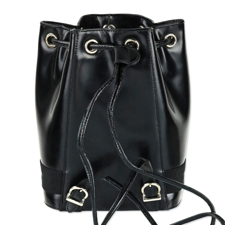 Salvatore Ferragamo Black Patent Leather Vara Bow Drawstring Bucket Backpack