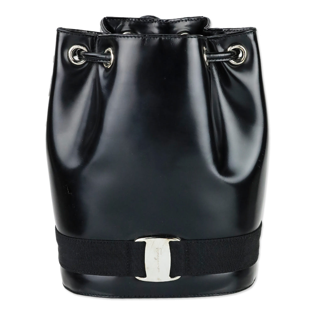 Salvatore Ferragamo Black Patent Leather Vara Bow Drawstring Bucket Backpack