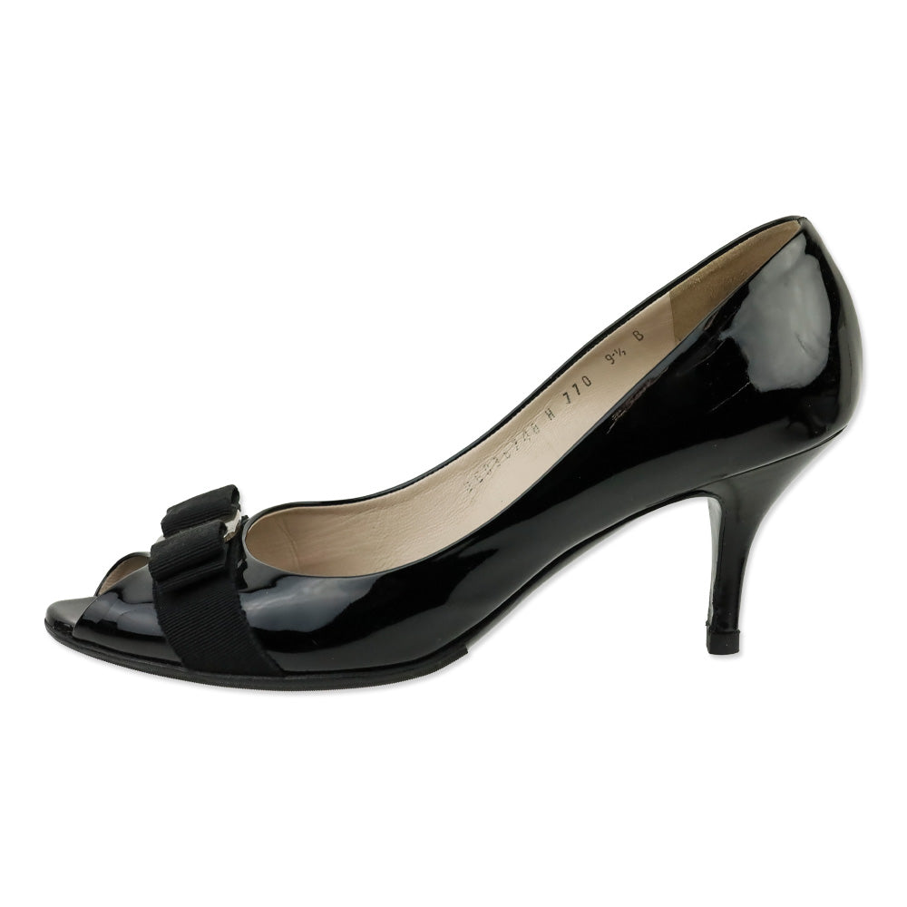Salvatore Ferragamo Black Patent Leather Vara Bow Peep Toe Pumps