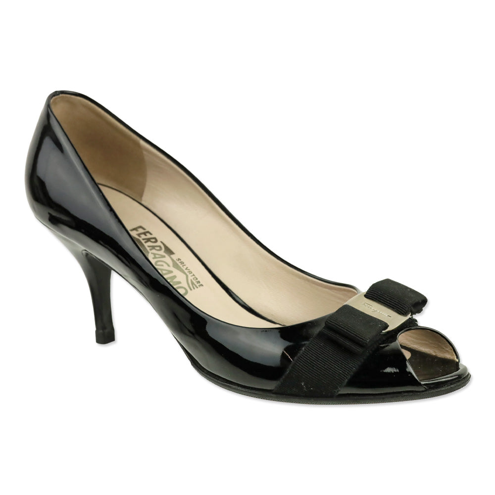 Salvatore Ferragamo Black Patent Leather Vara Bow Peep Toe Pumps