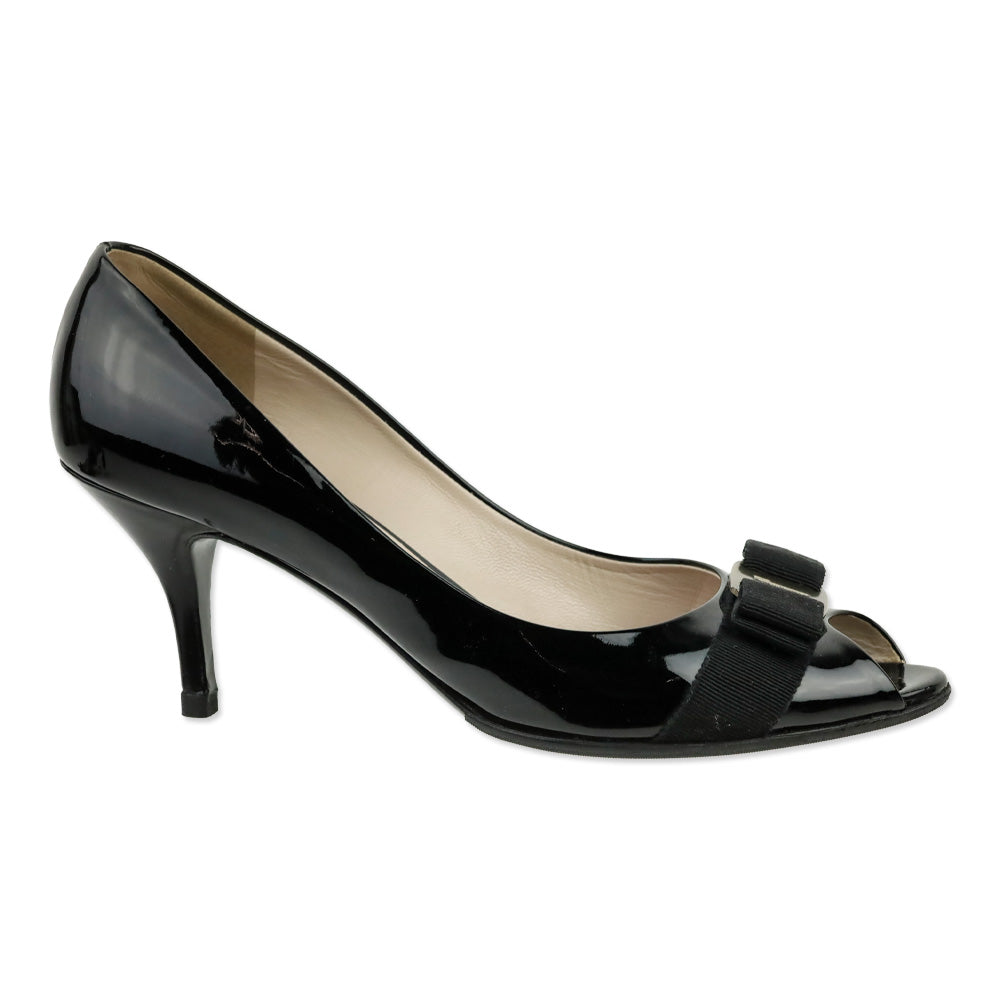 Salvatore Ferragamo Black Patent Leather Vara Bow Peep Toe Pumps