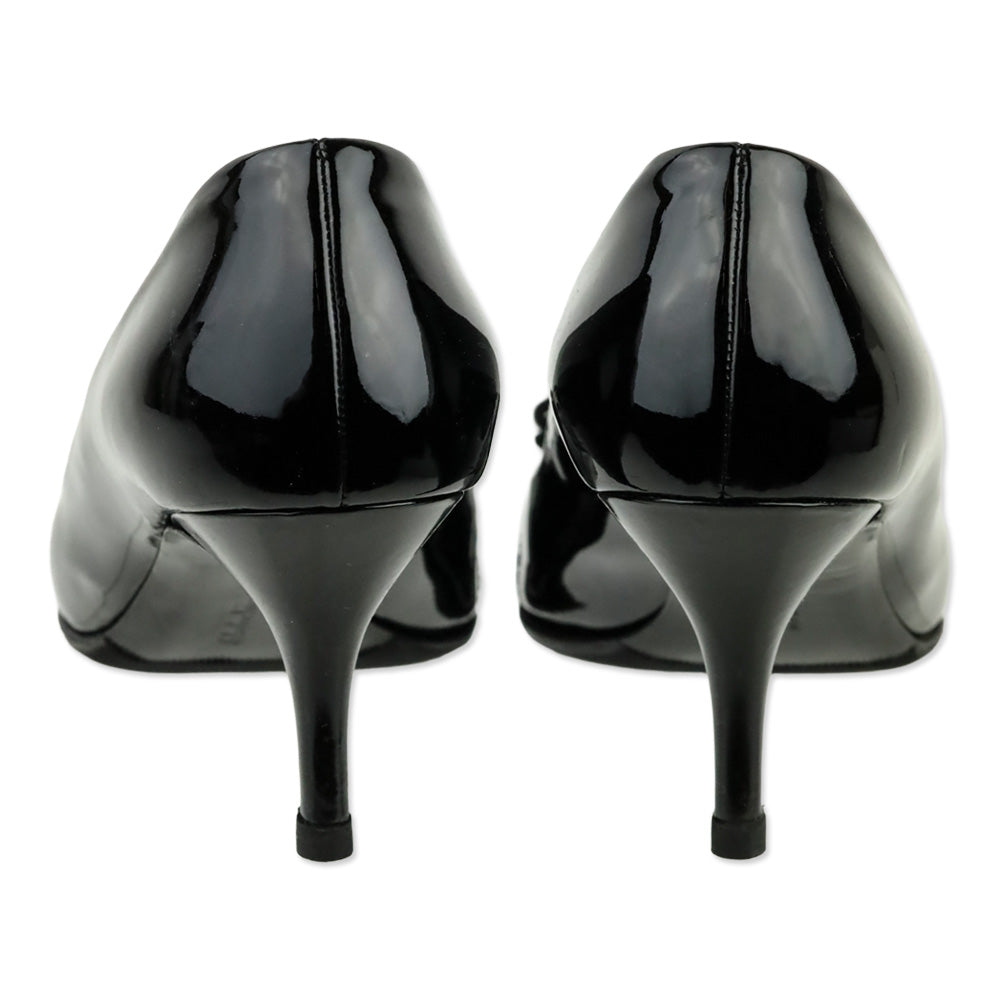 Salvatore Ferragamo Black Patent Leather Vara Bow Peep Toe Pumps