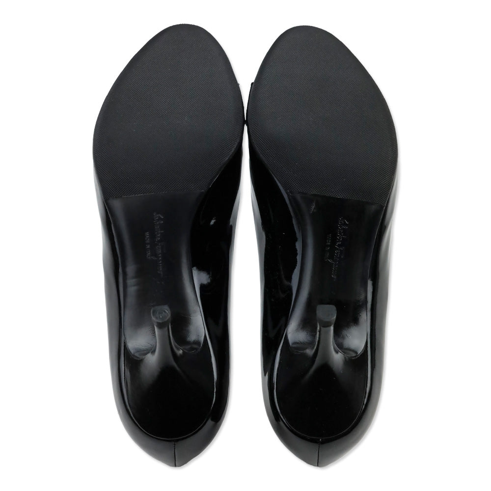 Salvatore Ferragamo Black Patent Leather Vara Bow Peep Toe Pumps