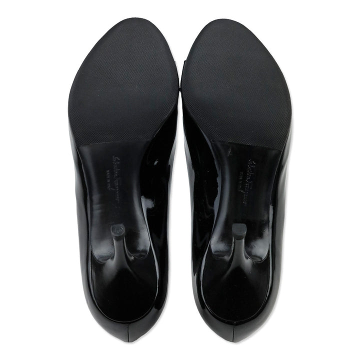 Salvatore Ferragamo Black Patent Leather Vara Bow Peep Toe Pumps