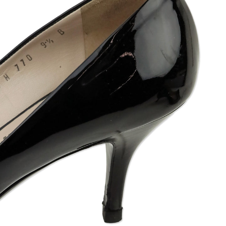 Salvatore Ferragamo Black Patent Leather Vara Bow Peep Toe Pumps