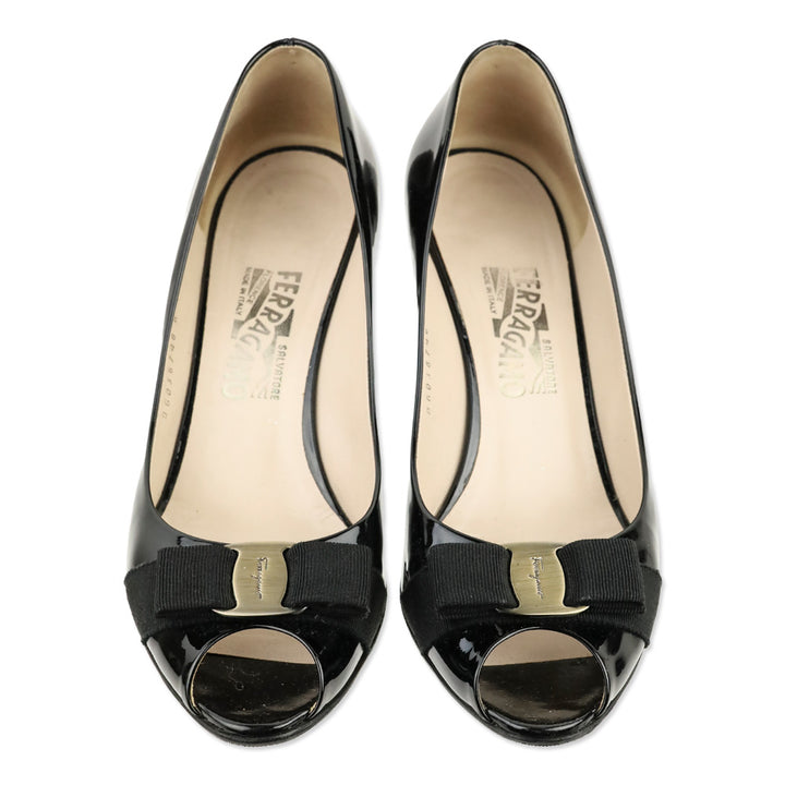 Salvatore Ferragamo Black Patent Leather Vara Bow Peep Toe Pumps