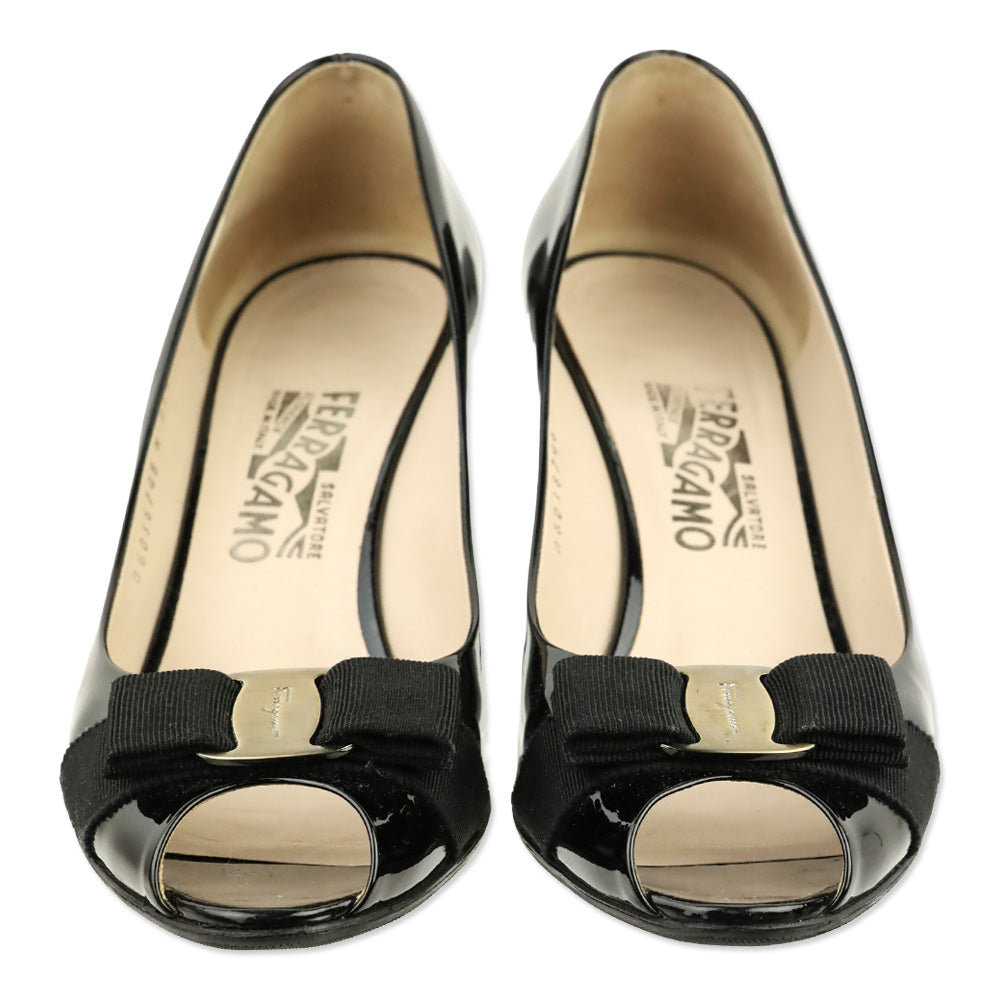 Salvatore Ferragamo Black Patent Leather Vara Bow Peep Toe Pumps