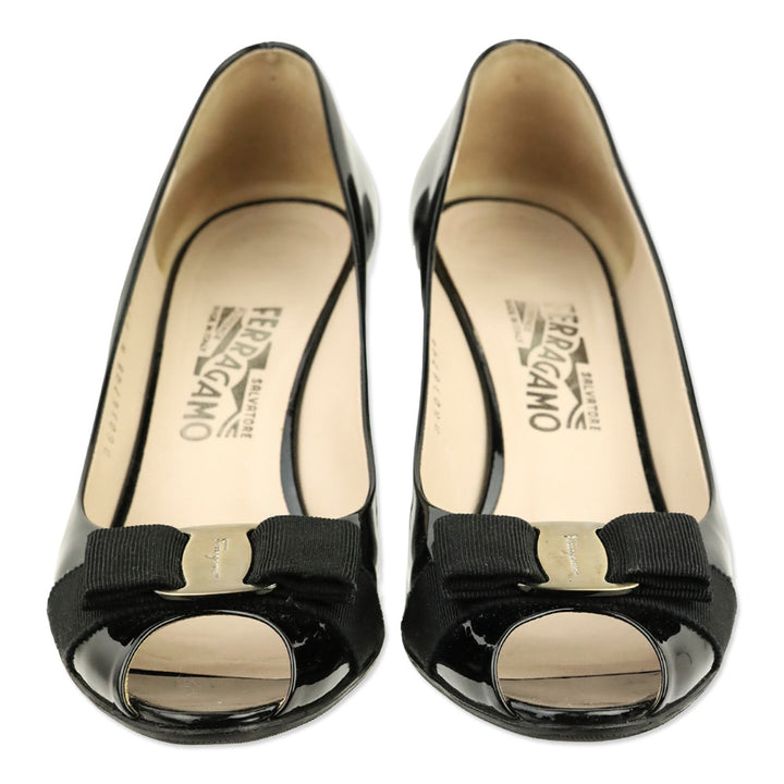 Salvatore Ferragamo Black Patent Leather Vara Bow Peep Toe Pumps