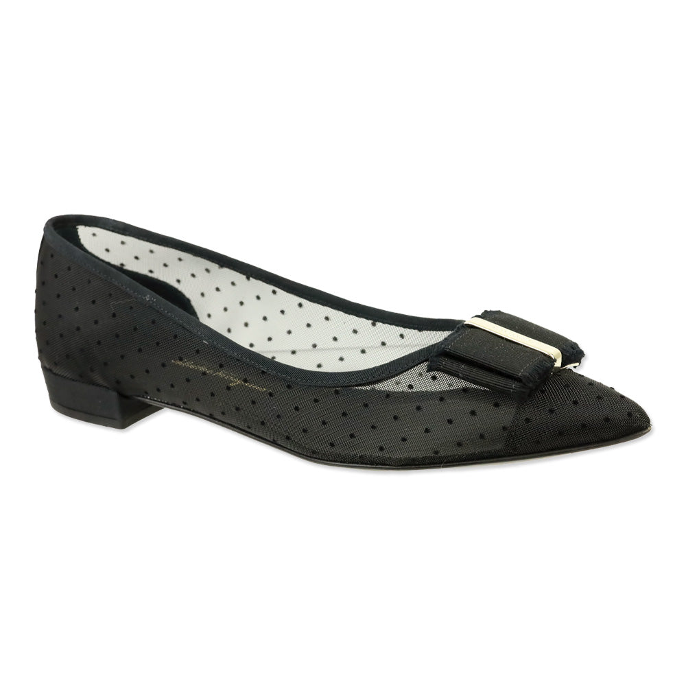 Salvatore Ferragamo Black Polka Dot Mesh Vara Bow Zeri Ballet Flats