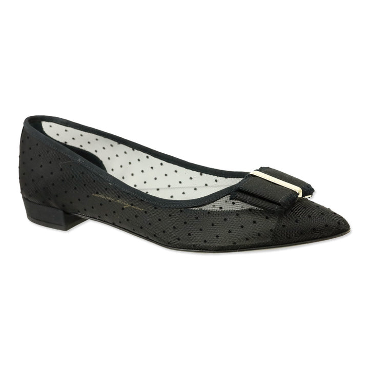 Salvatore Ferragamo Black Polka Dot Mesh Vara Bow Zeri Ballet Flats