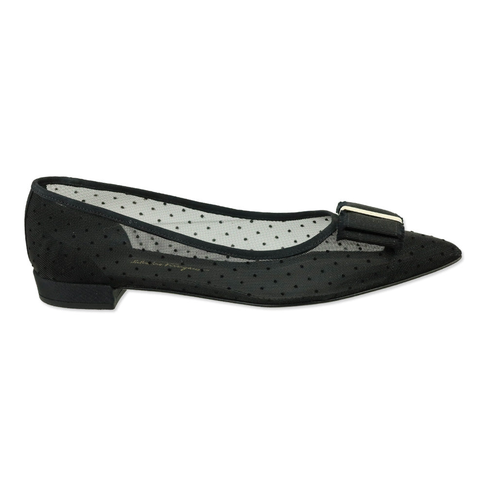 Salvatore Ferragamo Black Polka Dot Mesh Vara Bow Zeri Ballet Flats