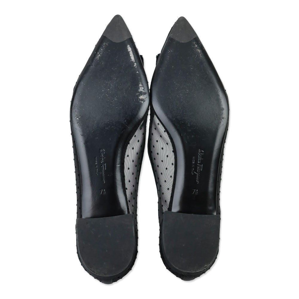 Salvatore Ferragamo Black Polka Dot Mesh Vara Bow Zeri Ballet Flats