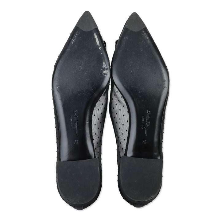 Salvatore Ferragamo Black Polka Dot Mesh Vara Bow Zeri Ballet Flats