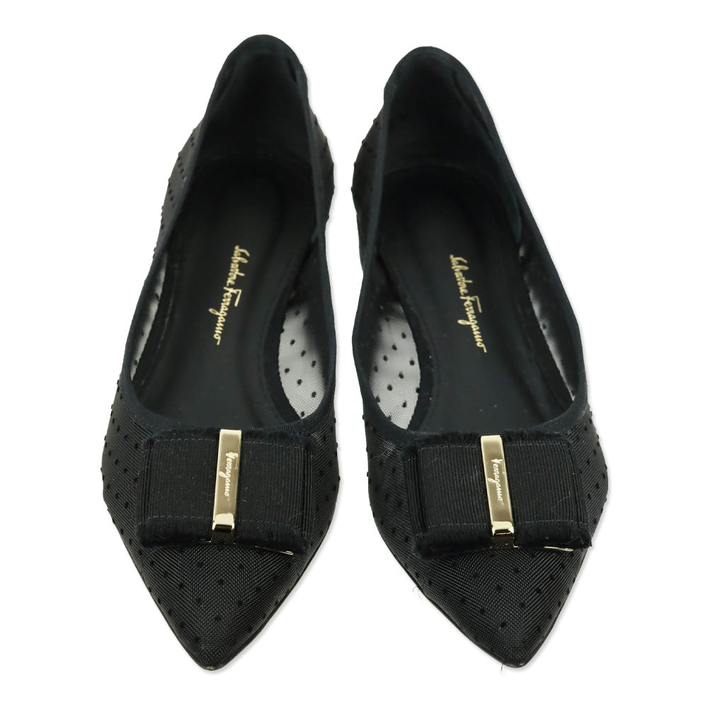 Salvatore Ferragamo Black Polka Dot Mesh Vara Bow Zeri Ballet Flats