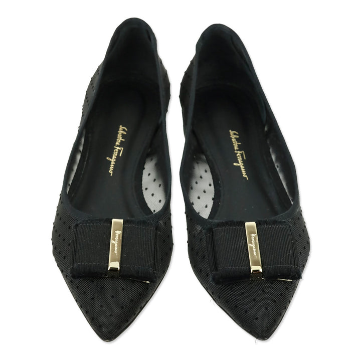 Salvatore Ferragamo Black Polka Dot Mesh Vara Bow Zeri Ballet Flats