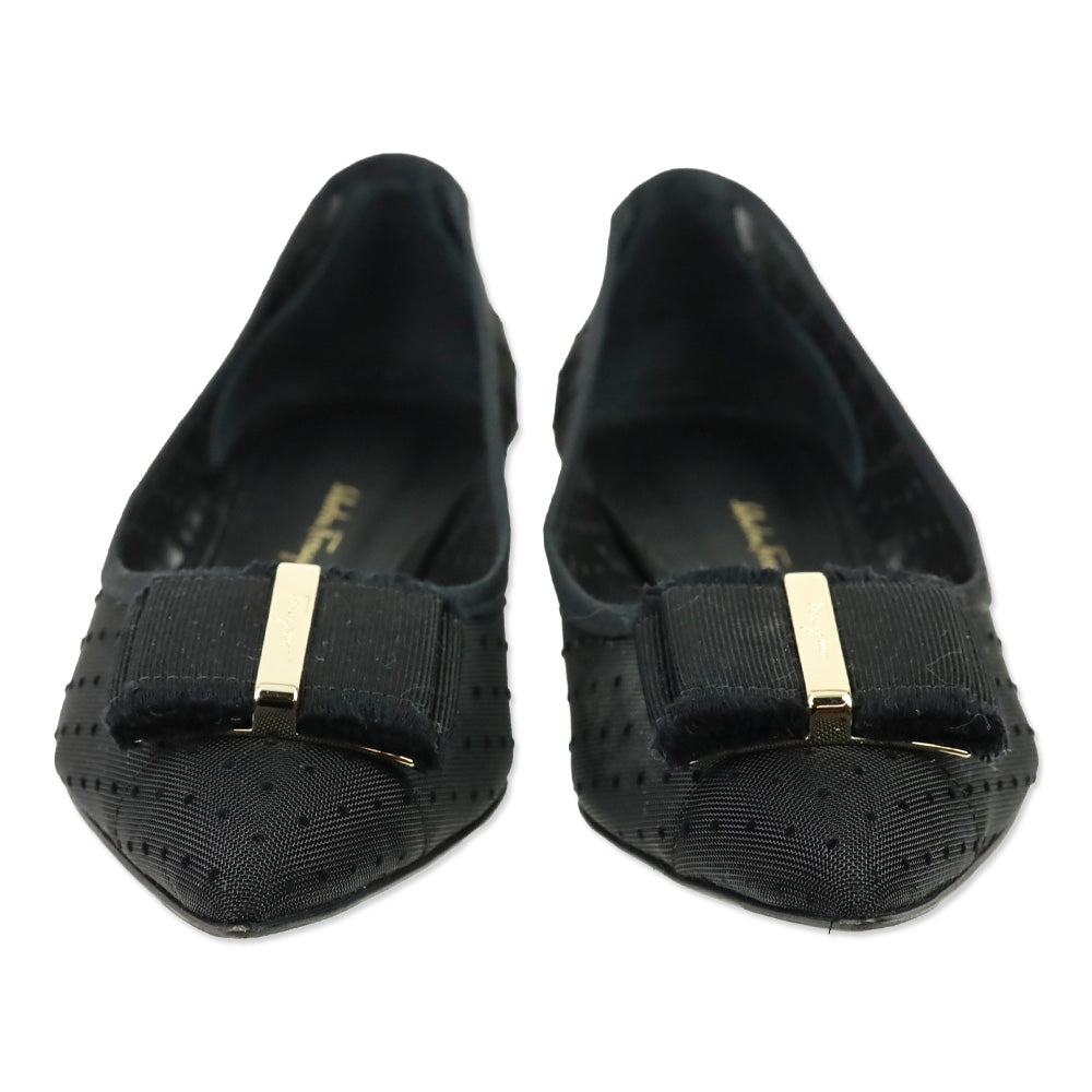 Salvatore Ferragamo Black Polka Dot Mesh Vara Bow Zeri Ballet Flats