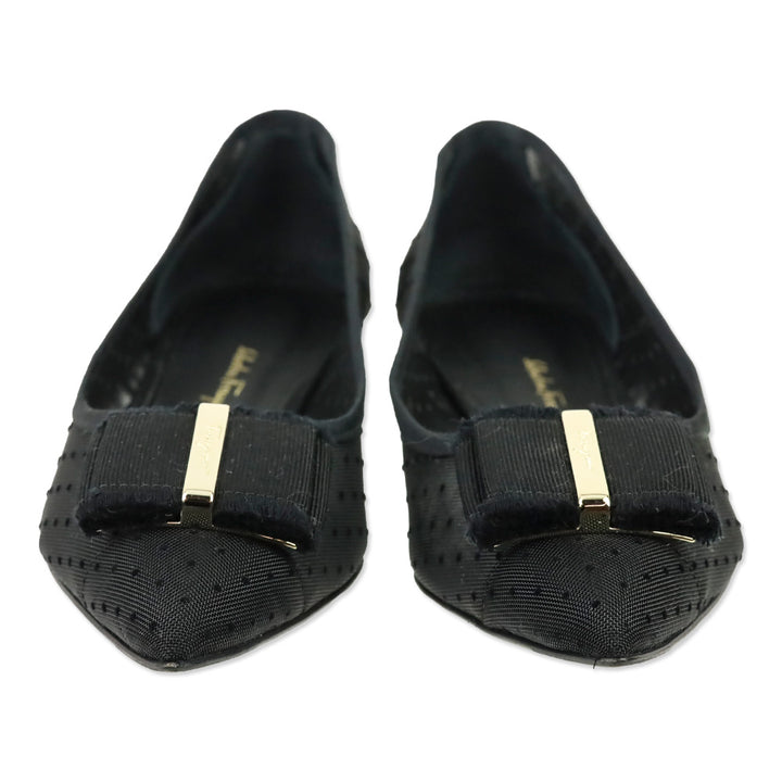 Salvatore Ferragamo Black Polka Dot Mesh Vara Bow Zeri Ballet Flats
