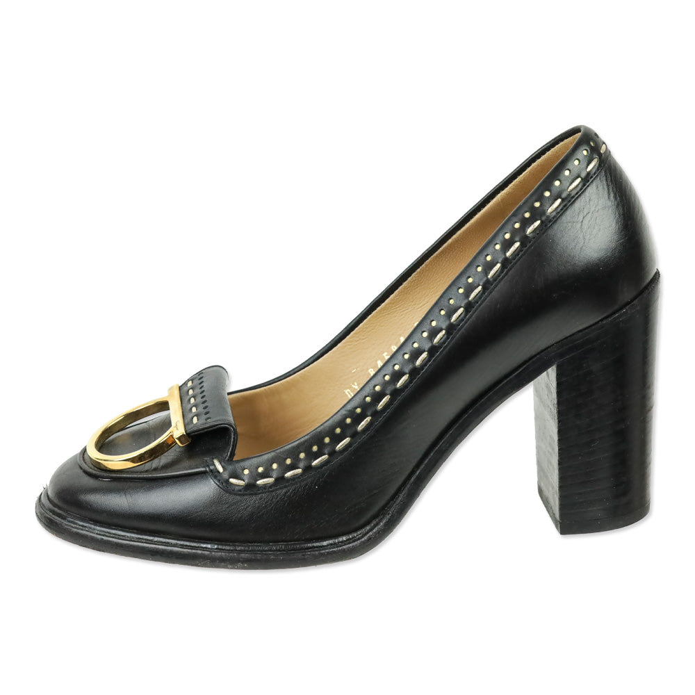 Salvatore Ferragamo Black Round Toe Gold Logo Accent Pumps