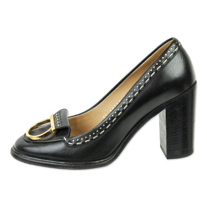 Salvatore Ferragamo Black Round Toe Gold Logo Accent Pumps