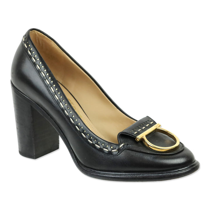 Salvatore Ferragamo Black Round Toe Gold Logo Accent Pumps
