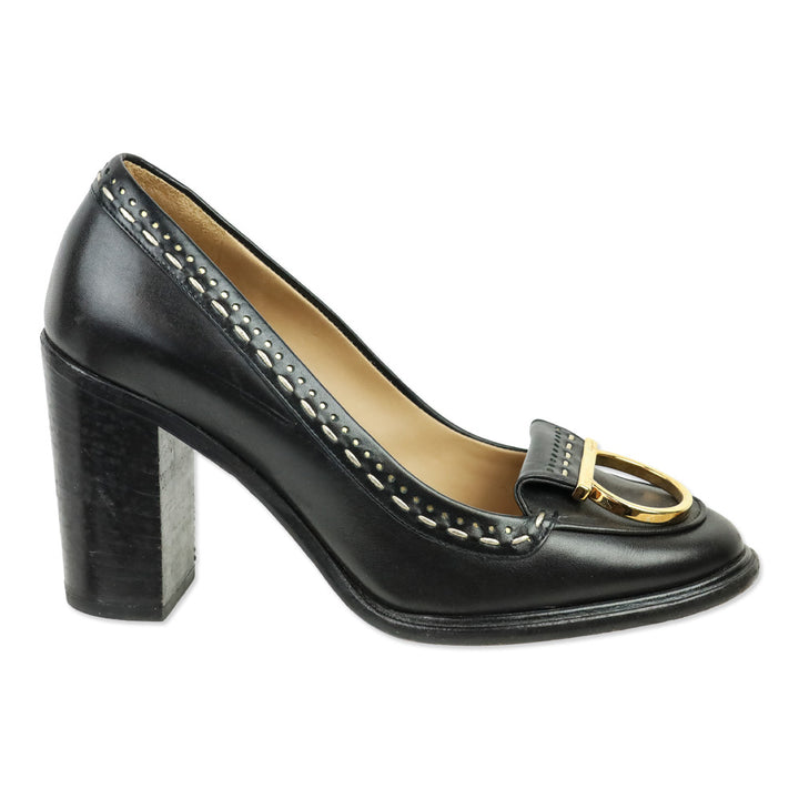 Salvatore Ferragamo Black Round Toe Gold Logo Accent Pumps
