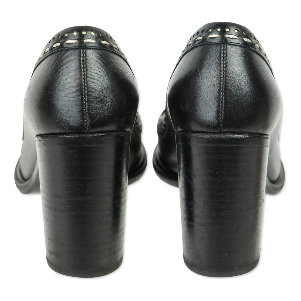 Salvatore Ferragamo Black Round Toe Gold Logo Accent Pumps