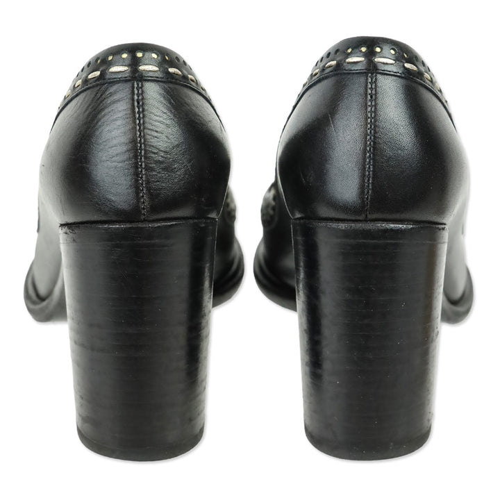 Salvatore Ferragamo Black Round Toe Gold Logo Accent Pumps