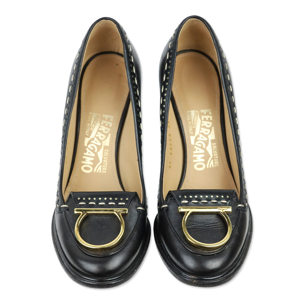 Salvatore Ferragamo Black Round Toe Gold Logo Accent Pumps