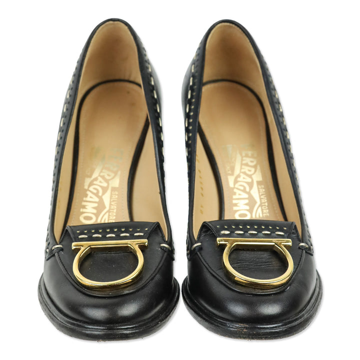 Salvatore Ferragamo Black Round Toe Gold Logo Accent Pumps