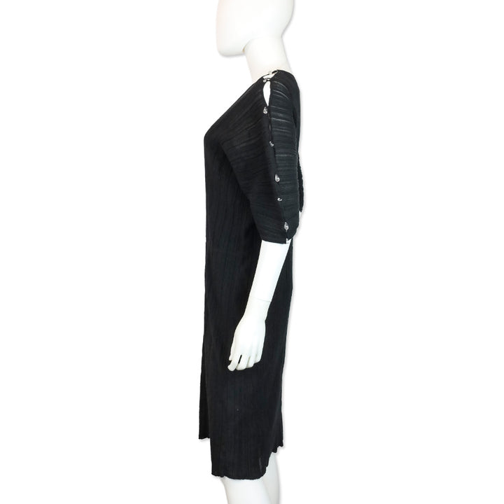 Salvatore Ferragamo Black Ruched Knit Teardrop Crystal Short Sleeve Midi Dress